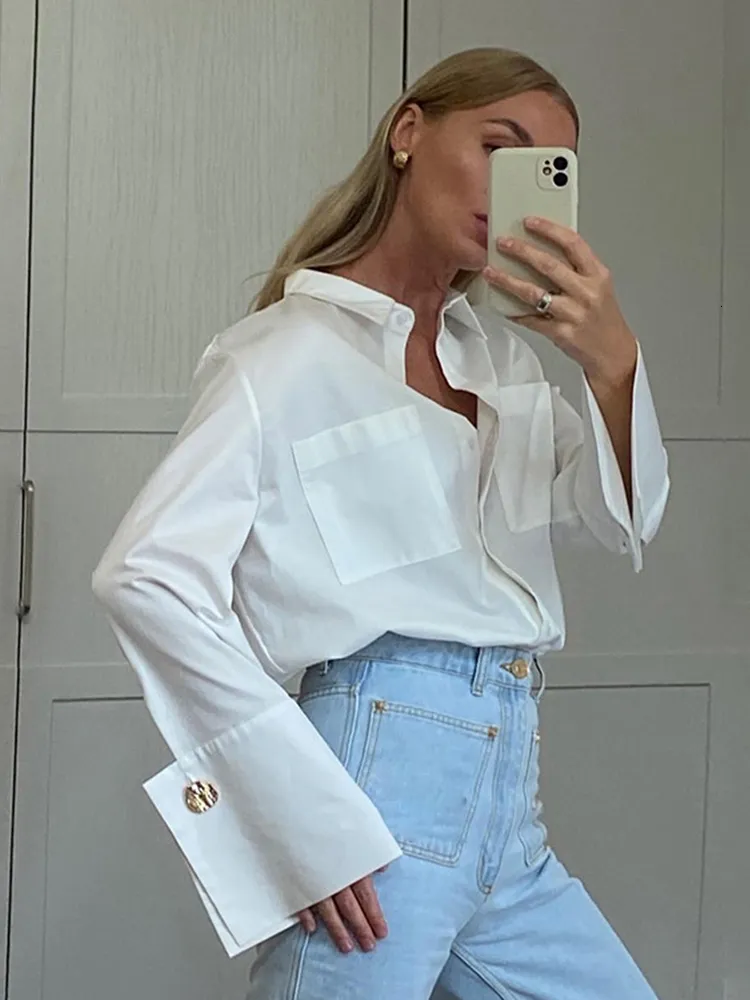 Kvinnors blusar skjortor Jyate Fashion Woman 2023 Elegant Lapel Long Sleeve Office Lady Lady Loose White Pockets Tops Female Clothing 230404