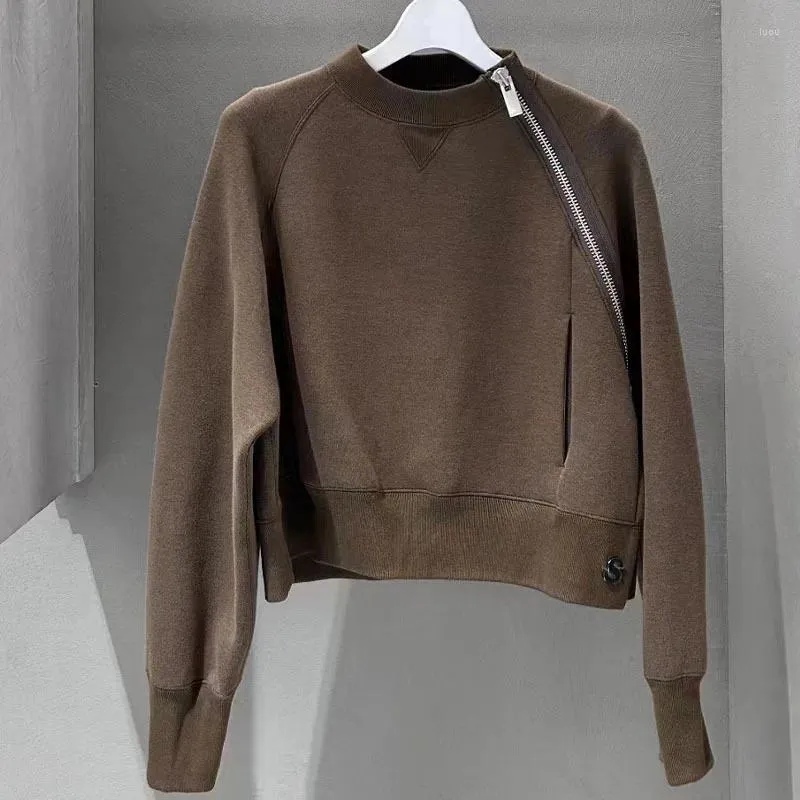 Kobiety z kapturem Winter Brown Brown Pullover przekątna zamek błyskawiczny Lose Top Bluza