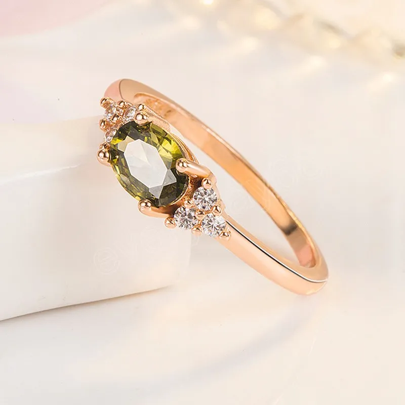 Fashion Rosegold Color Classical Imitation Peridot Rings for Women Elegant Oval Zircon Engagement Ring Simple Jewelry Gifts