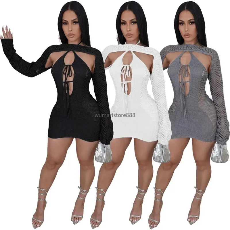 Designer Sexy Hollow Out Dress Women Halter Backless Knitted Dresses Crop Top Two Piece Sets Bodycon Mini Dress Night Club Wear Whoelsae Clothes