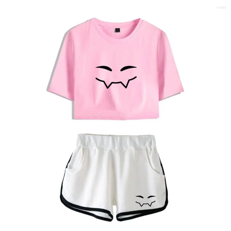 Camisetas femininas badboyhalo fang face cubas de duas peças shorts de camiseta adorável harajuku streetwear