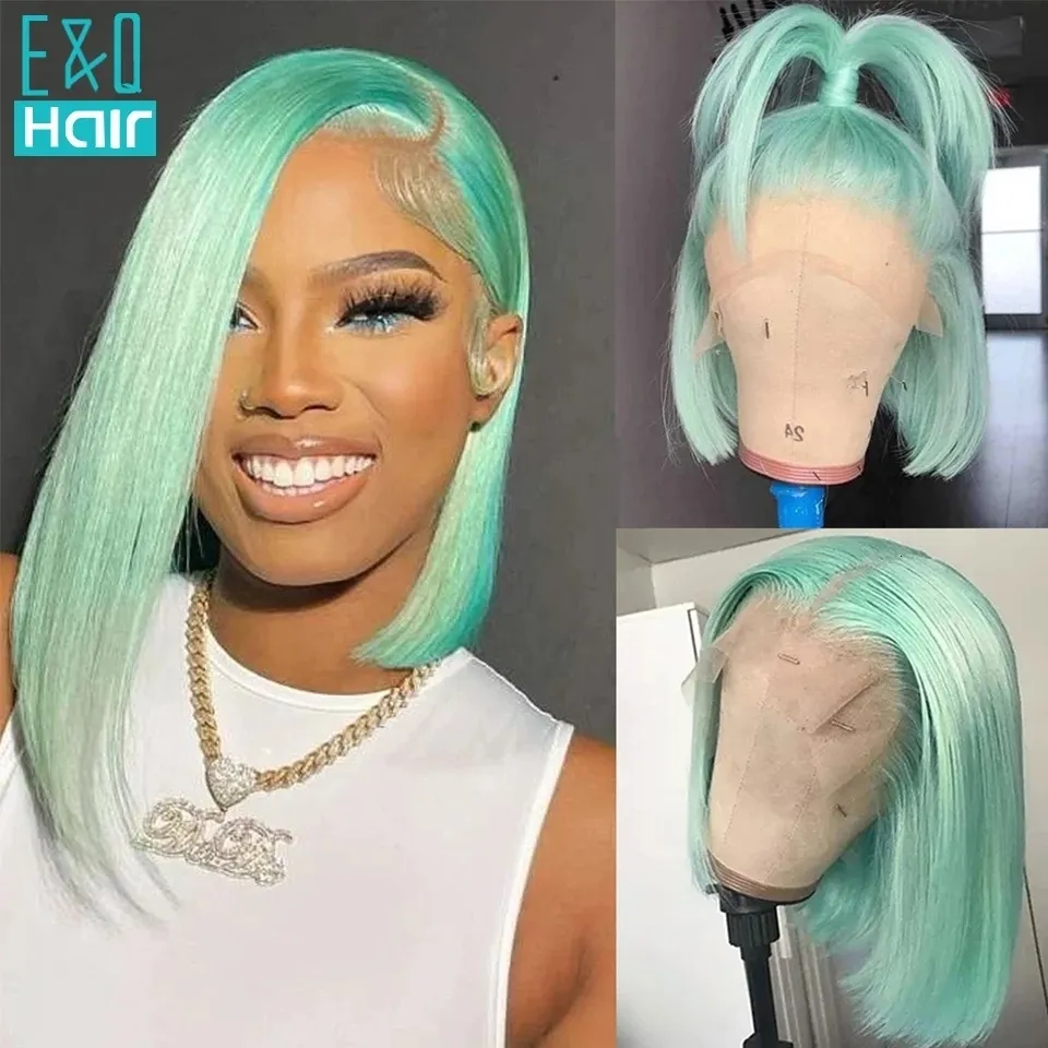 Synthetic Wigs 13x4 Mint Green Short Wigs Human Hair Straight Bob Lace Front Wigs Transparent Lace Frontal Wig T Part Brazilian Remy Hair Wig 230403