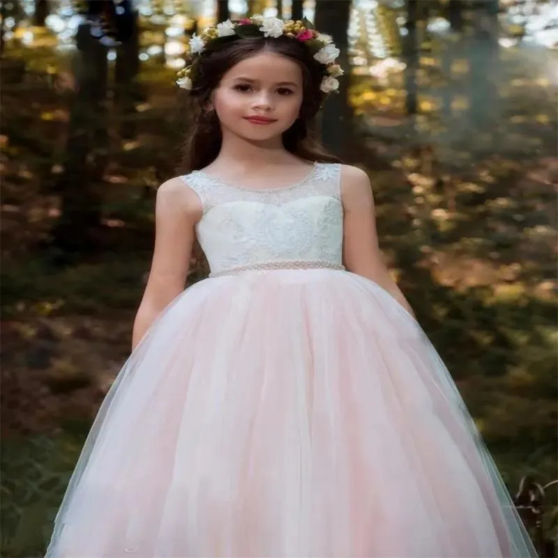 Robes de fille à fleurs en Tulle, sans manches, pelucheuses, robes de fête de mariage de première Communion, avec nœud en cristaux, vêtements sur mesure