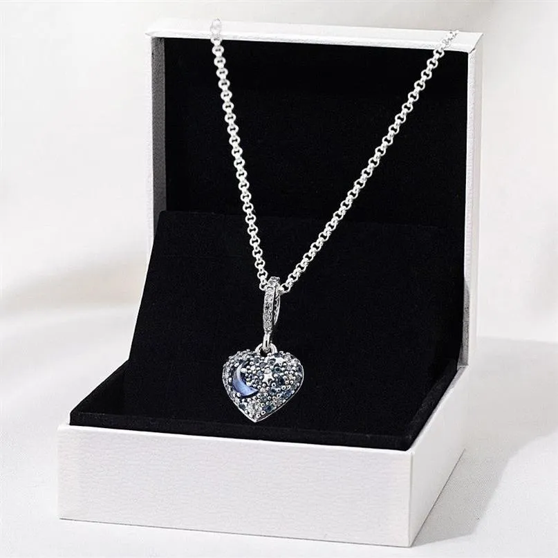2020 Jul Sparkling Blue Moon and Stars Heart Necklace 925 Sterling Silver Jewelry Chain Pendant Halsband för kvinnor Män Q012264Z