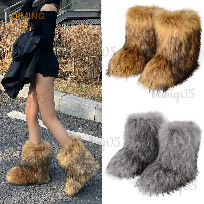 Mulheres do falso raposa mulher fofo pelúcia quente botas de neve calçados de luxo meninas pele peluda bottes moda inverno sapato t231104