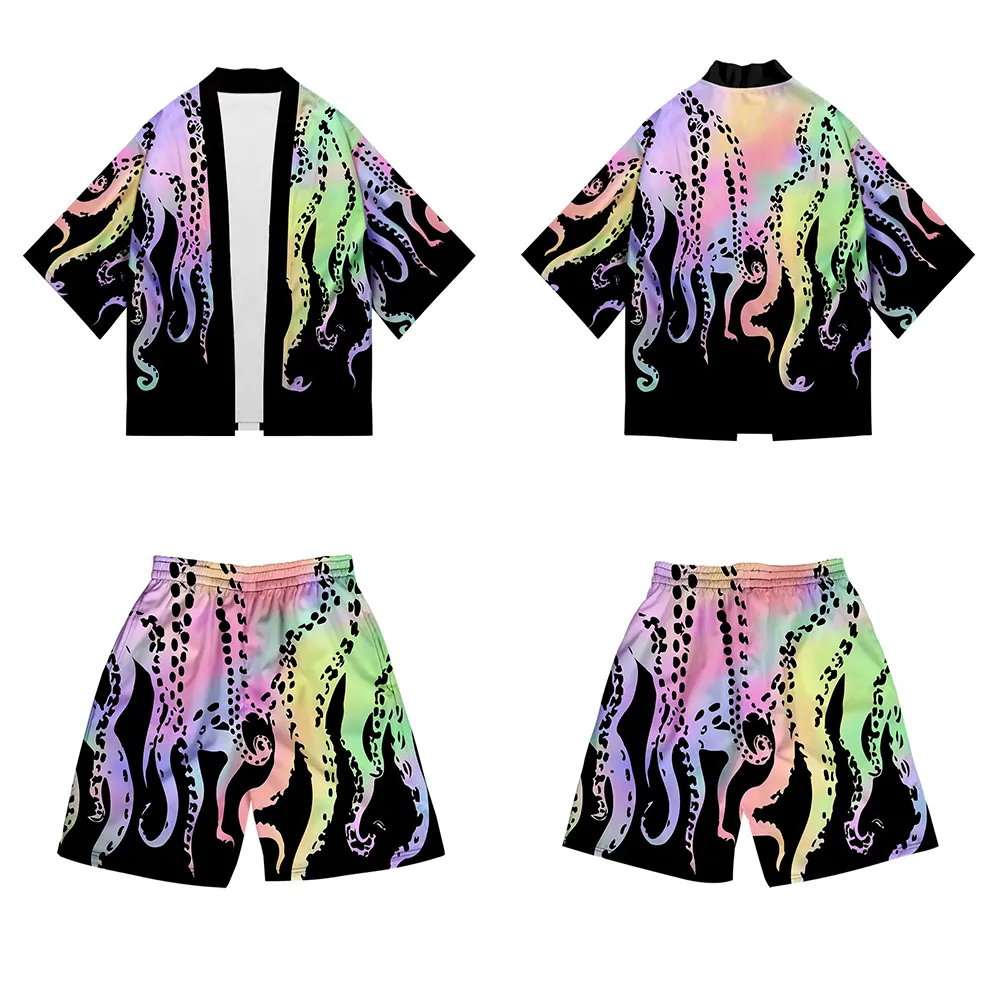 Men's Tracksuits Plus Size Fish Print 2023 Summer Loose Japanese Streetwear Cardigan Men Harajuku Kimono Suit Pants Design Shirt Yukata 230403