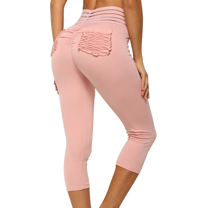 Womens Pleated Yoga Cropped Gym Leggings With Pocket Stitching And