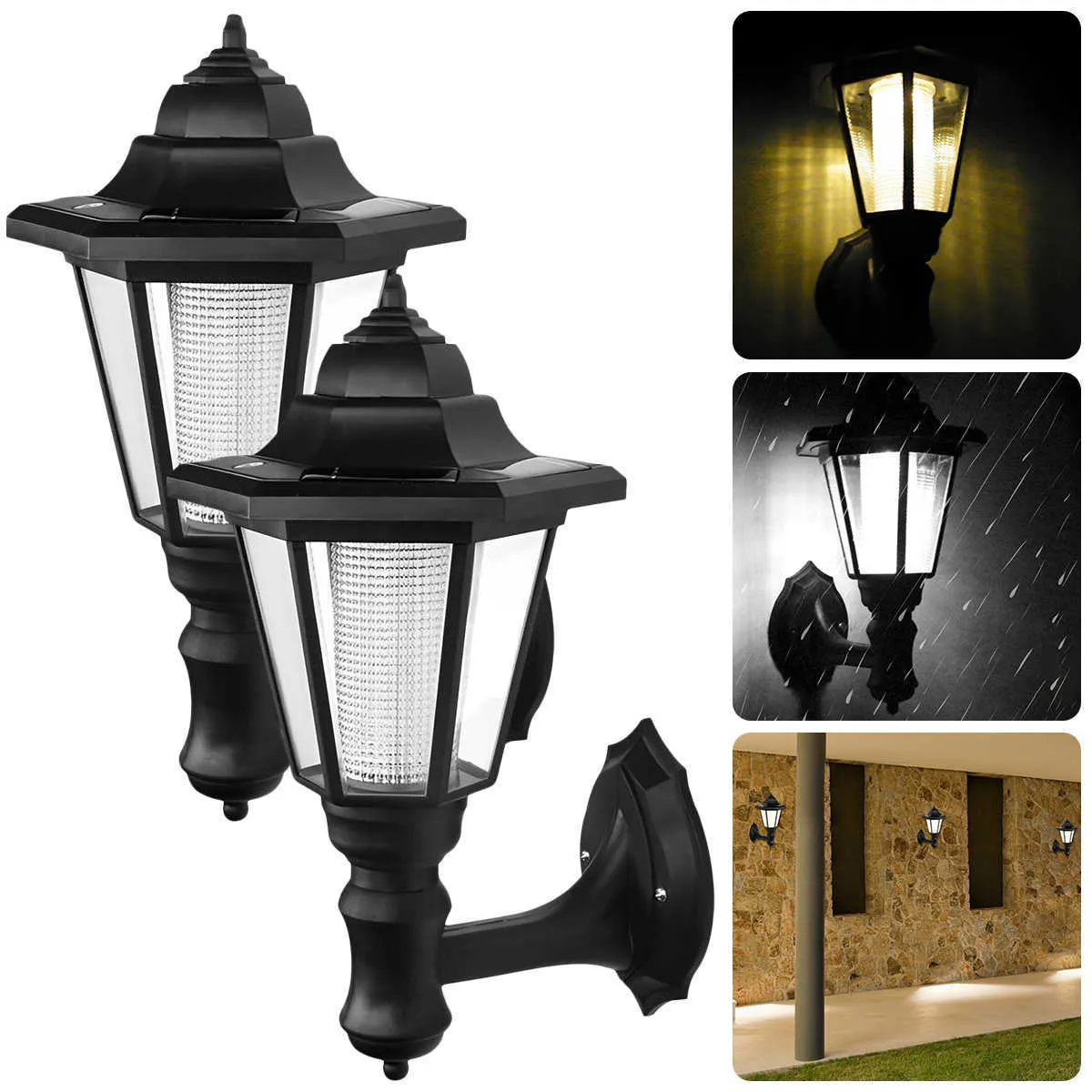 Iluminagem de novidade solar solar led led led led hexagonal parede solar luz retro lanterna solar jardim clara de porta de porta de porta à prova d'água de rua p230403