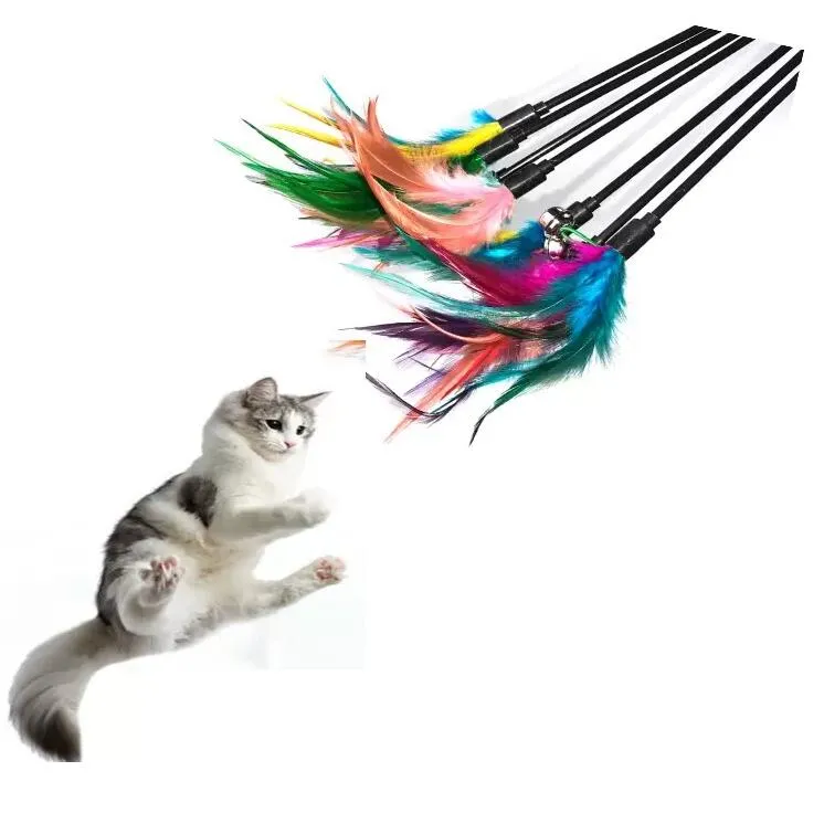 Cat Toys Feather Wand Kitten Cat Teaser Turkiet Feather Interactive Stick Toy Wire Chaser Wand Toy Random Color Mixed Colors