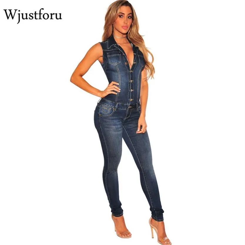 Wjustforu Summer Patchwork Denim Jumpsuit Sexy Bodycon Sleeveless Full Body Feminino Elegant Button Rompers Womens Jumpsuits Y1906256n