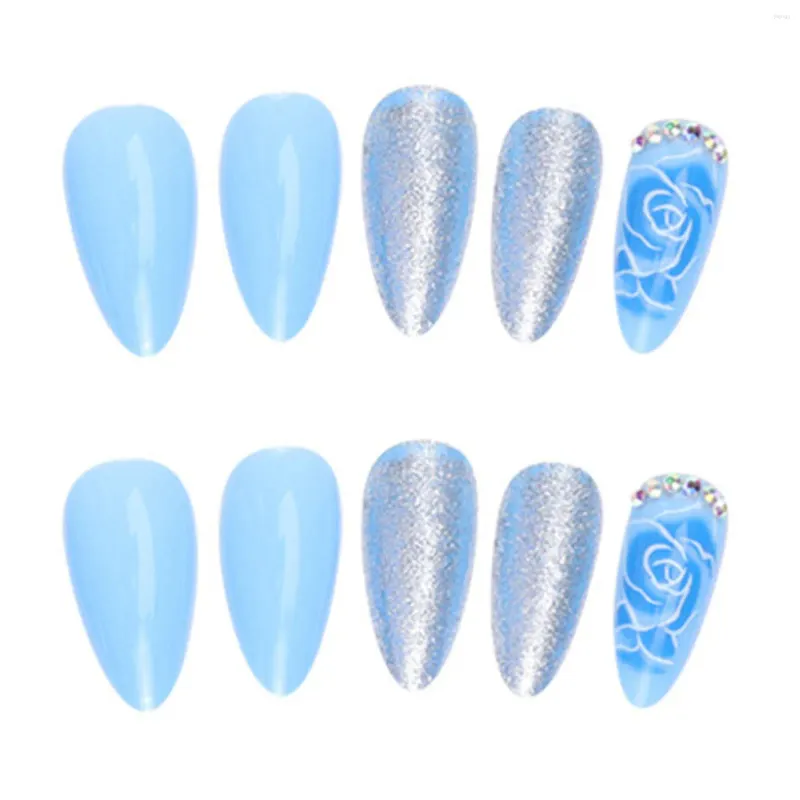False Nails Blue Rose Fake Nail With Rhinestones Full Coverage Press-on Easy Removal For Lady Beauty Makeup