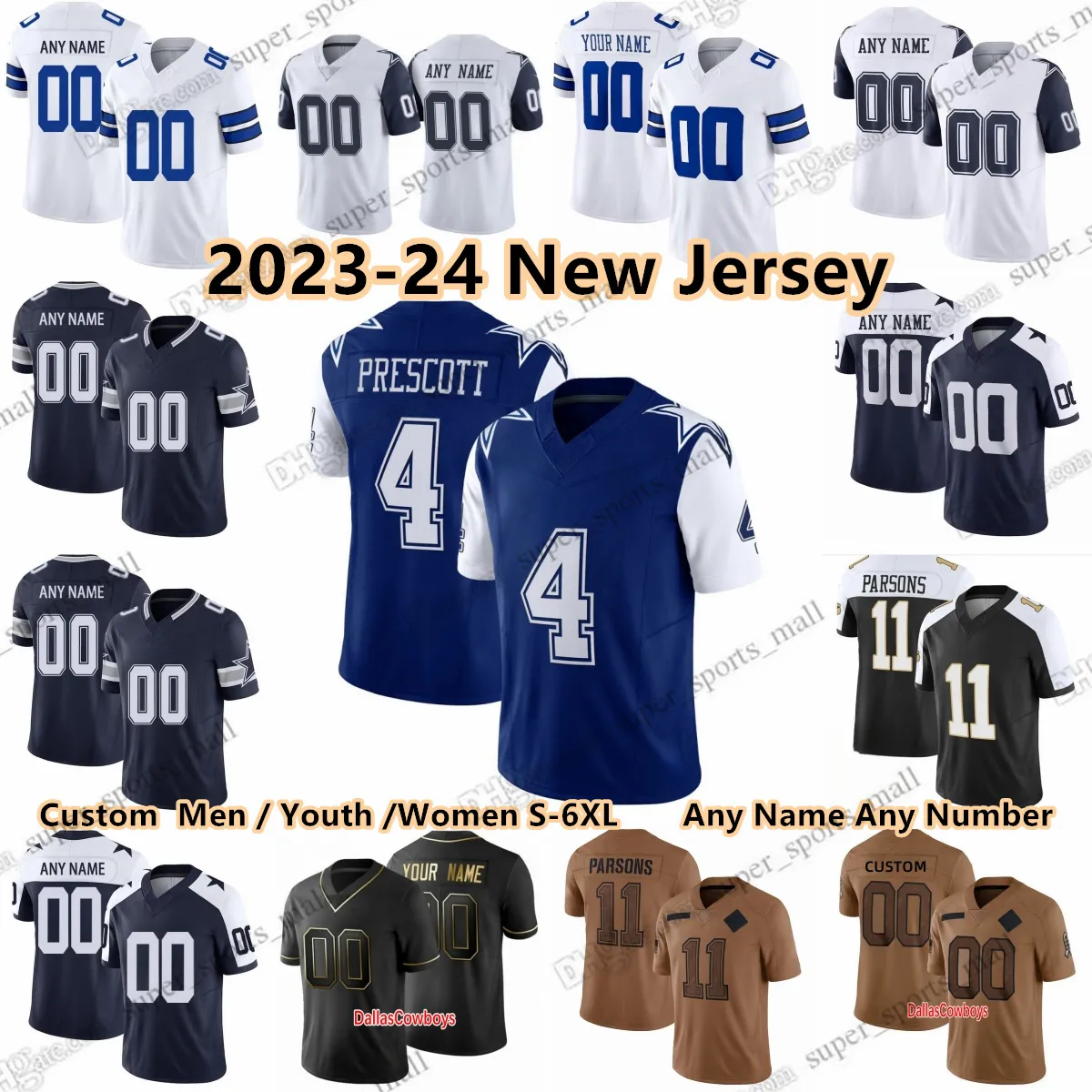 Personalizado S-6XL DIY 4 Dak Prescott 2023-24 Temporada Jersey de fútbol Ezekiel Elliott CeeDee Lamb Leighton Vander Esch Micah Parsons Rico Dowdle Trevon Diggs Deion Sanders