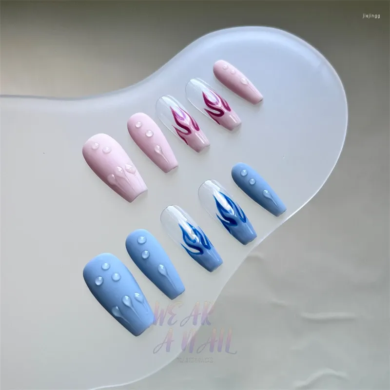 Unhas falsas feitas à mão com chama azul e rosa 3d gotas de água estilo longo charme falso design capa completa dicas de unhas