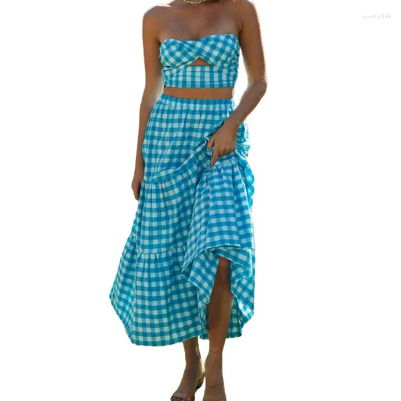 Work Dresses Women Sexy Two-piece Clothes Set Plaid Printed Pattern Tube Tops And Elastic Waist Big Hem Skirt Blue/ Pink/ Orange