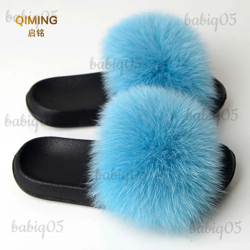 Kvinnor Real Summer Fur Slides Woman Flip Flops Sandaler Damer Söta fuzzy fluffig Plush Fox Furry Slippers House Shoes T231104