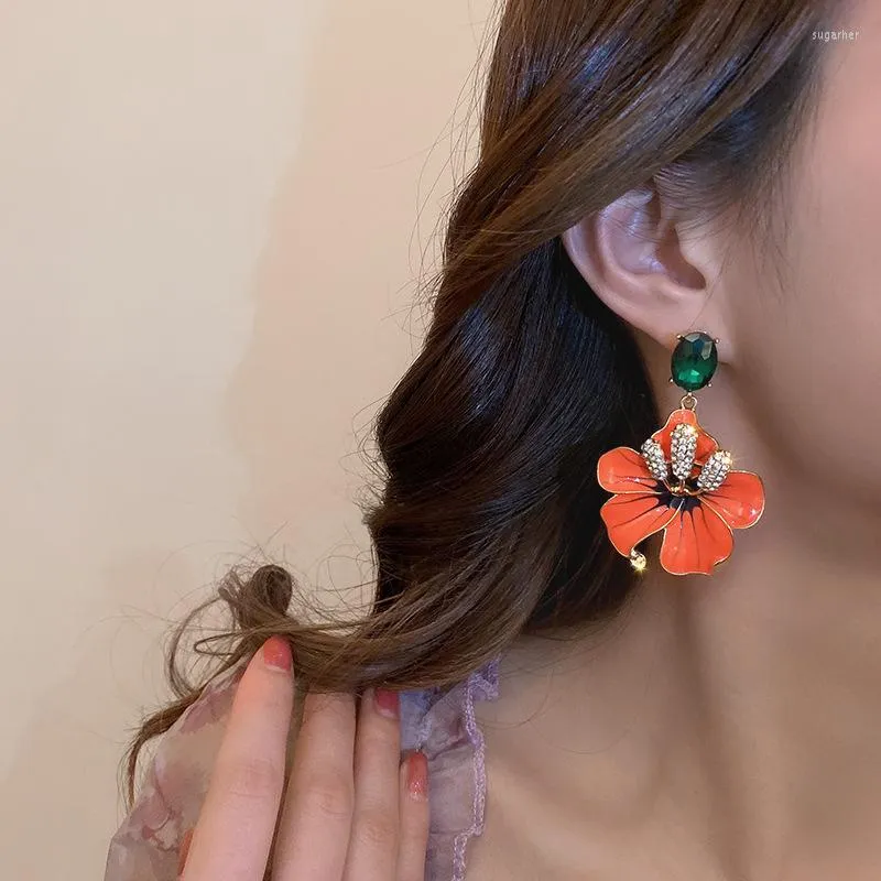 Boucles d'oreilles pendantes Style coréen Orange émail fleurs goutte pour femmes filles vert cristal fête bijoux