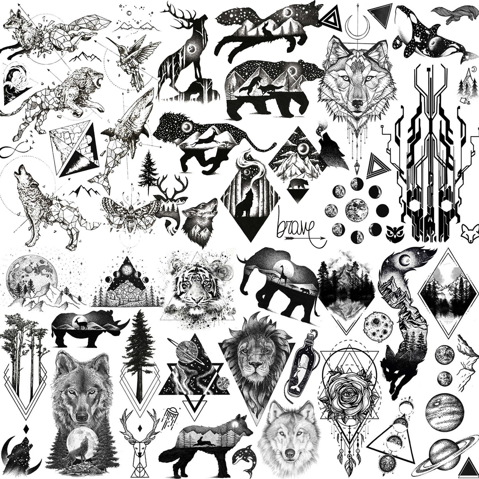 5 STÜCK Temporäre Tattoos Realistische Gefälschte Schwarze Tier Temporäre Tattoos Aufkleber Für Männer Frauen Geometrische Wolf Weltraum Tatoo Temporäre Aufkleber Für s Z0403