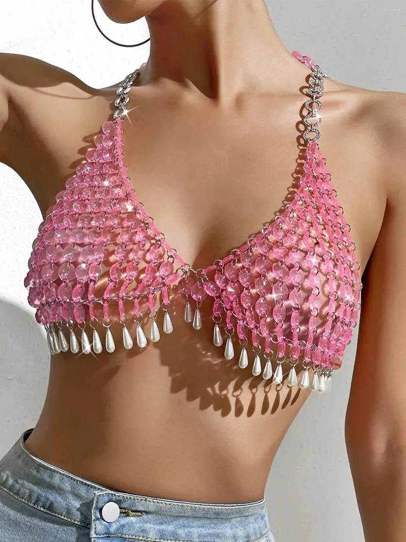 Vrouwen Tanks Sexy Roze Halter Metalen Strass Corset Crop Top Vrouwen Zomer See Through Beach Party Club Tank Y2k Womens Tops Rave Outfit