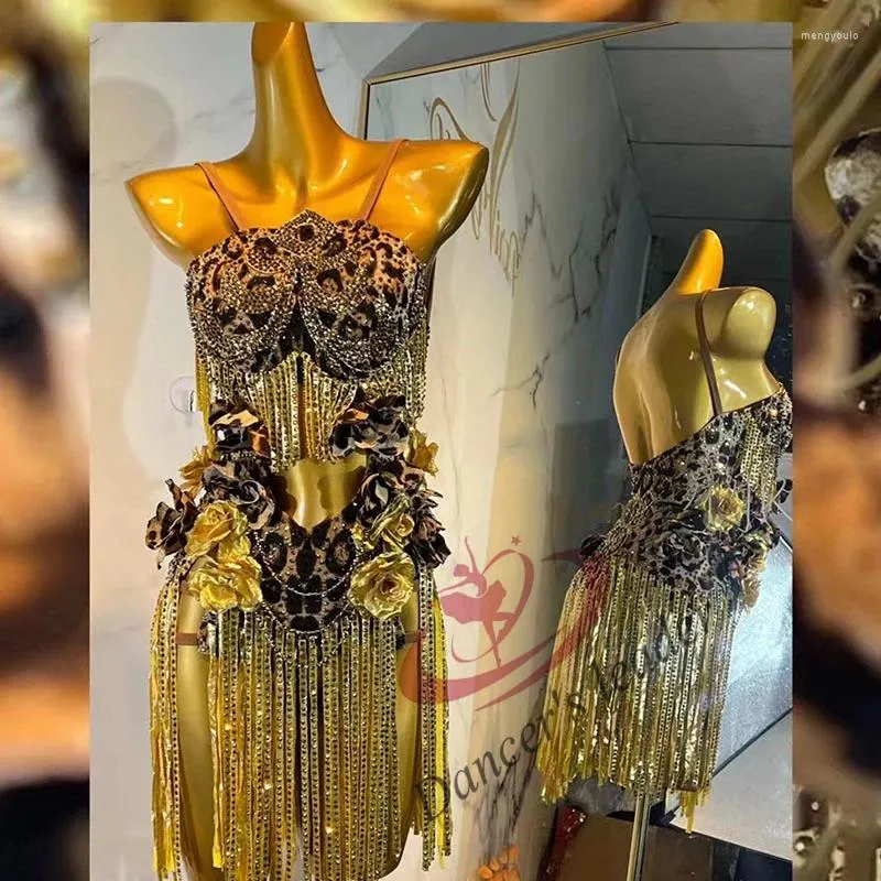 Palco desgaste competição de dança latina mulheres high end personalizado diamante leopardo ouro flor rumba tango valsa vestido de desempenho para crianças