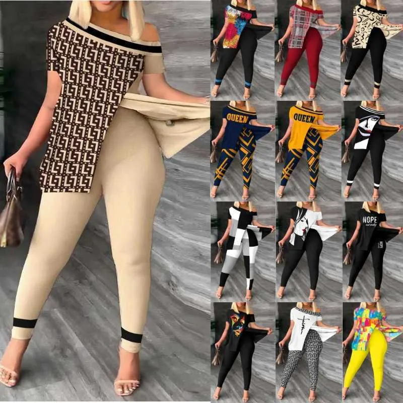 Plus size s-3xl dames tracksuits ontwerper 2-delige outfits 2023 lente zomer nieuwe gesplitste afgedrukte korte mouw tops tweedelige onregelmatige broek sets pak