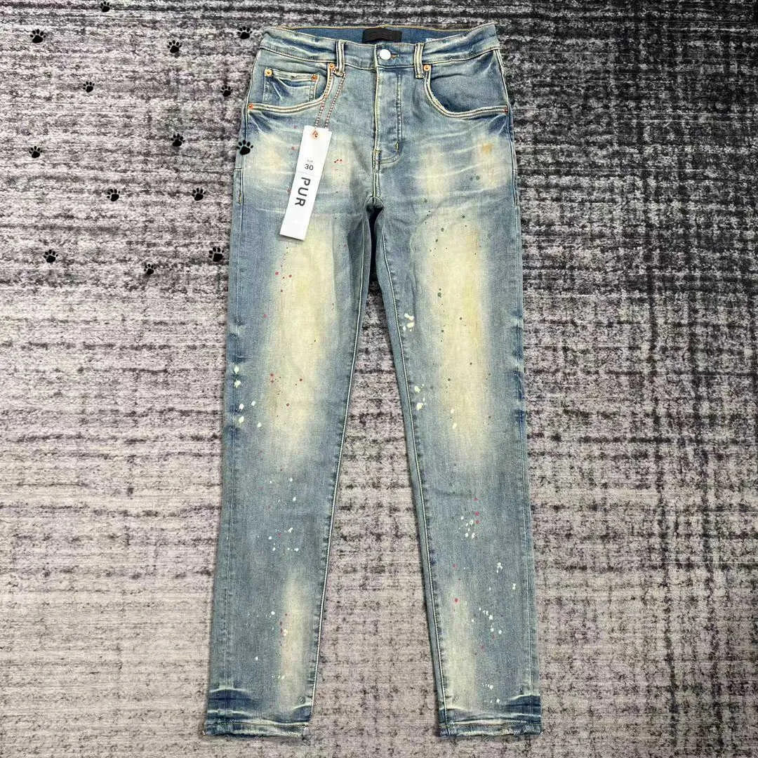 Мужские джинсы Дизайнерские мужские фиолетовые брюки Брюки Рваные прямые Обычные джинсовые потертые старые длинные дырки 30 38