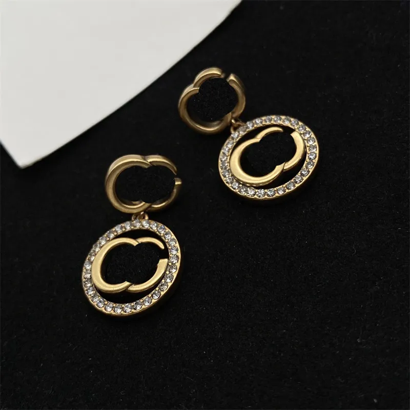 Vintage Double Letters Circle Ear Studs Designer Brand Low-key Luxury Gold-plated Diamond Stud Earrings Women Pendant Earring Jewelry