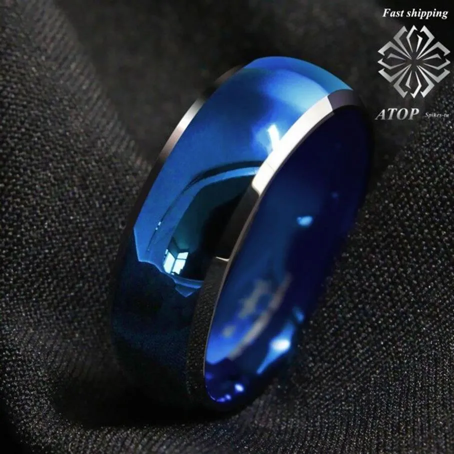 8 mm wolfraam ring blauw koepel met afgeschuinde zilveren randen trouwringen y19052201272H