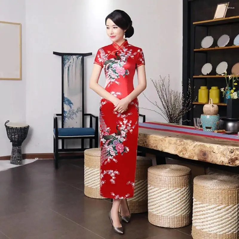 Ethnic Clothing sukienka styl lady cheongsam kwiatowy haft jedwabisty roślina bajeczna wysoka dzielona lato qipao na wesele