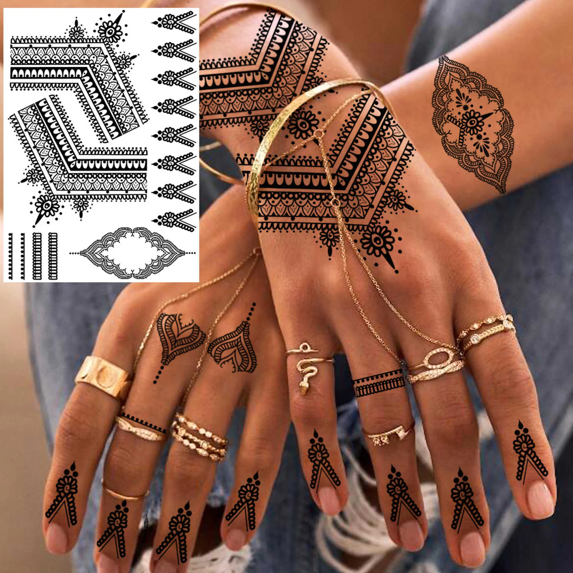 1 paar bloem tattoo stencil voor hand henna tattoo sjablonen mandala kant  ontwerp bruiloft schilderij henna kit tool - AliExpress, image size:2000x2000