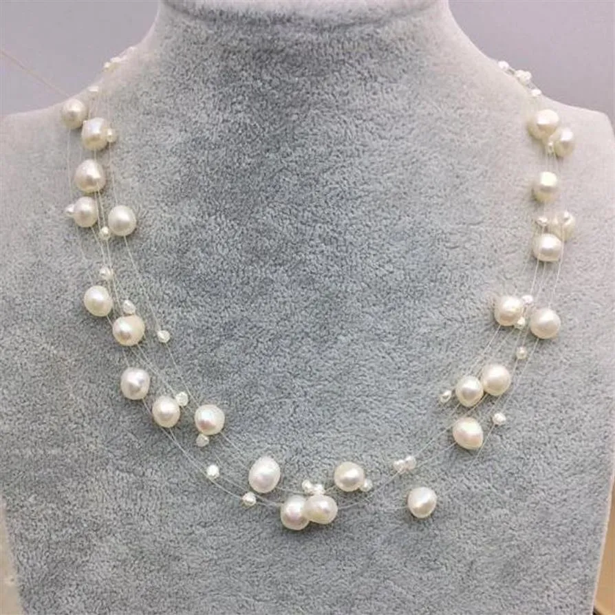 New Arriver Illusion Pearl Necklace Multiple Strand Bridesmaid Women Jewellery White Color Freshwater Pearl Choker Necklace2818