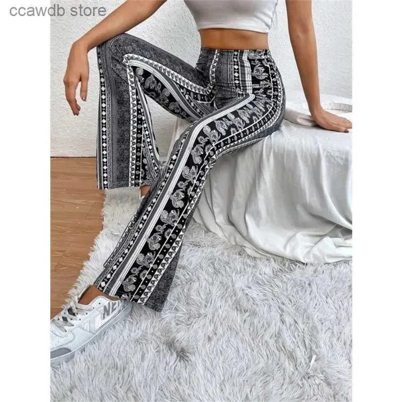 Vintage Printed Flared Pants Women Stretchy Flared Pants High
