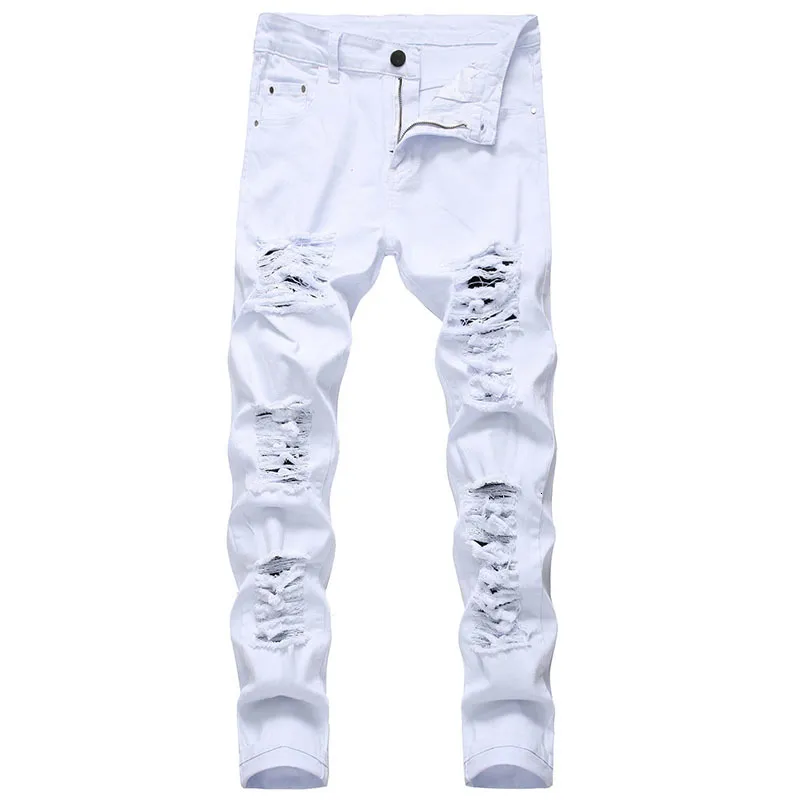 Erkek pantolon beyaz kot pantolon moda hip hop yırtılmış sıska denim pantolonlar ince fit streç sıkıntılı fermuarlı jean yüksek kalite 230403