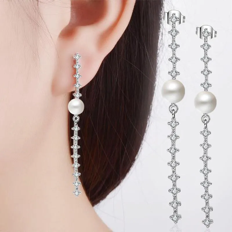 Stud -oorbellen mode Sterling Silver 925 voor vrouwen feest glanzend CZ Temperament Lange Tassel Pearl earring Fijne sieraden Gift Stud