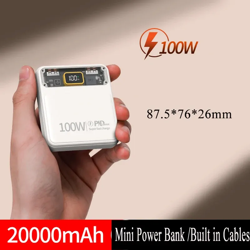 Power Bank 20000mAh 100W Snel opladen Ingebouwde kabels Draagbare Powerbank Externe batterijlader voor iPhone Xiaomi Poverbank
