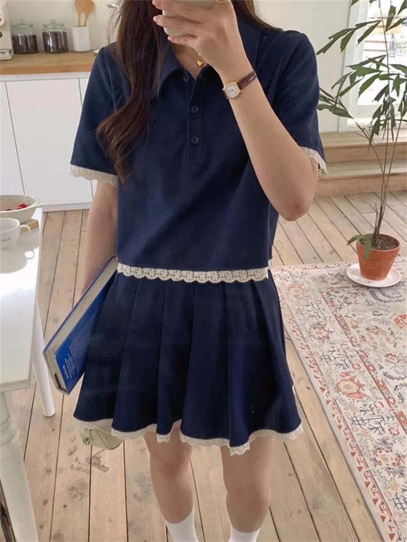 Arbetsklänningar främmande kitty korea kvinnor kontor bär kostymer söt chic preppy stil sommar lös spets t-shirts hög midja a-line mini kjolar
