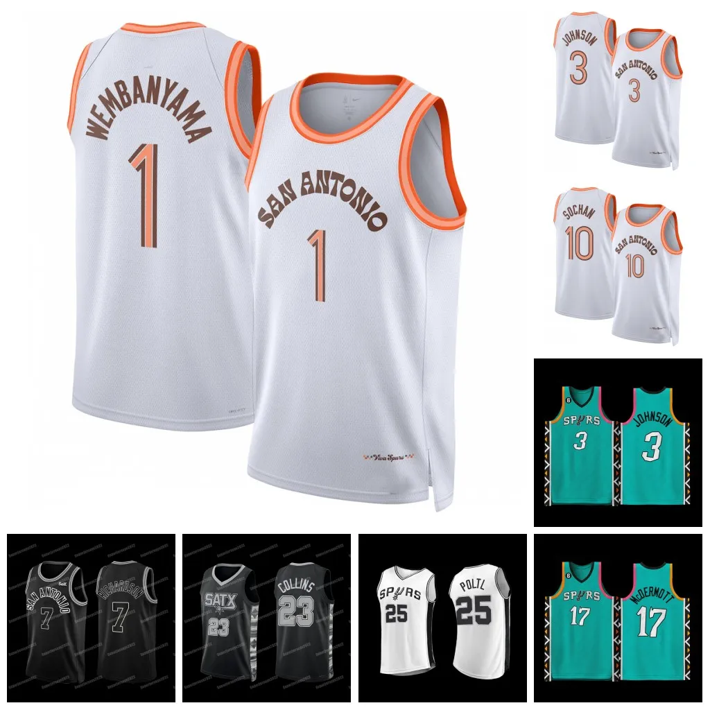 Victor Wembanyama 2023-24 Cty camisetas de baloncesto Keldon Johnson Jeremy Sochan Devin Vassell Khem Birch Manu Ginobili Jersey Cedi Osman Zach Collins Devonte Graham