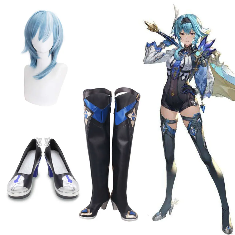 Anime Genshin Impact Eula Cosplay Schoenen Op maat gemaakte Laarzen Synthetische Pruiken Blauw Krullend Haar voor Halloween Carnaval Party