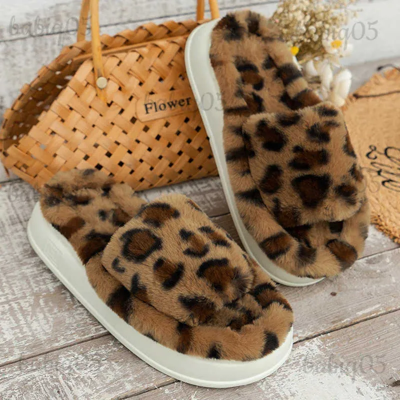 Leopard Fluffy Winter Home Warme Fell Hausschuhe Für Frauen Flache Plattform Rutschen Weiche Gemütliche Fuzzy Indoor Hausschuhe T231104