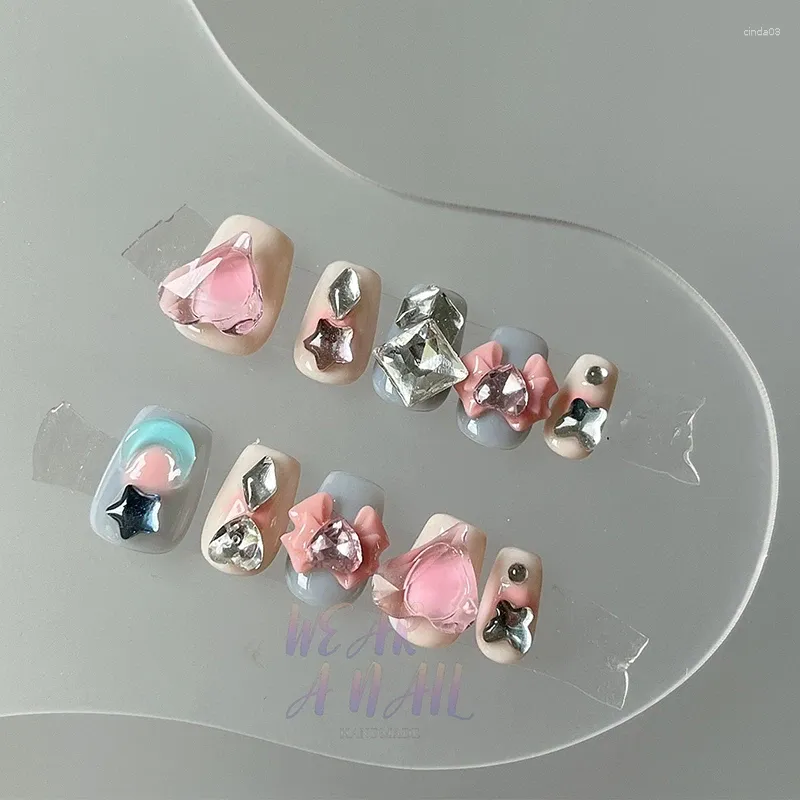 Накладные ногти ручной работы, милые короткие нажатия на розовый цвет, Звезда Луна, многоразовые поддельные очаровательные дизайны, 3D Kawaii Art, искусственные кончики ногтей