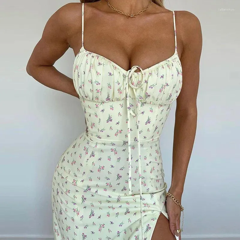 Robes décontractées Yemoggy élégant imprimé floral avec bretelles fendues robe d'été pour femmes 2023 sexy dos nu à lacets maigre soutien-gorge midi