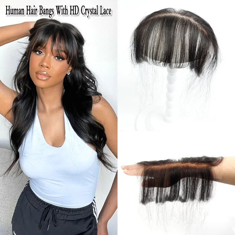 Bangs Human Hair Bangs With HD Crystal Lace Blunt Cut Hair Bangs Natural No Clip Hair Extensions High Temperature Remy Hairpiece Bangs 230403