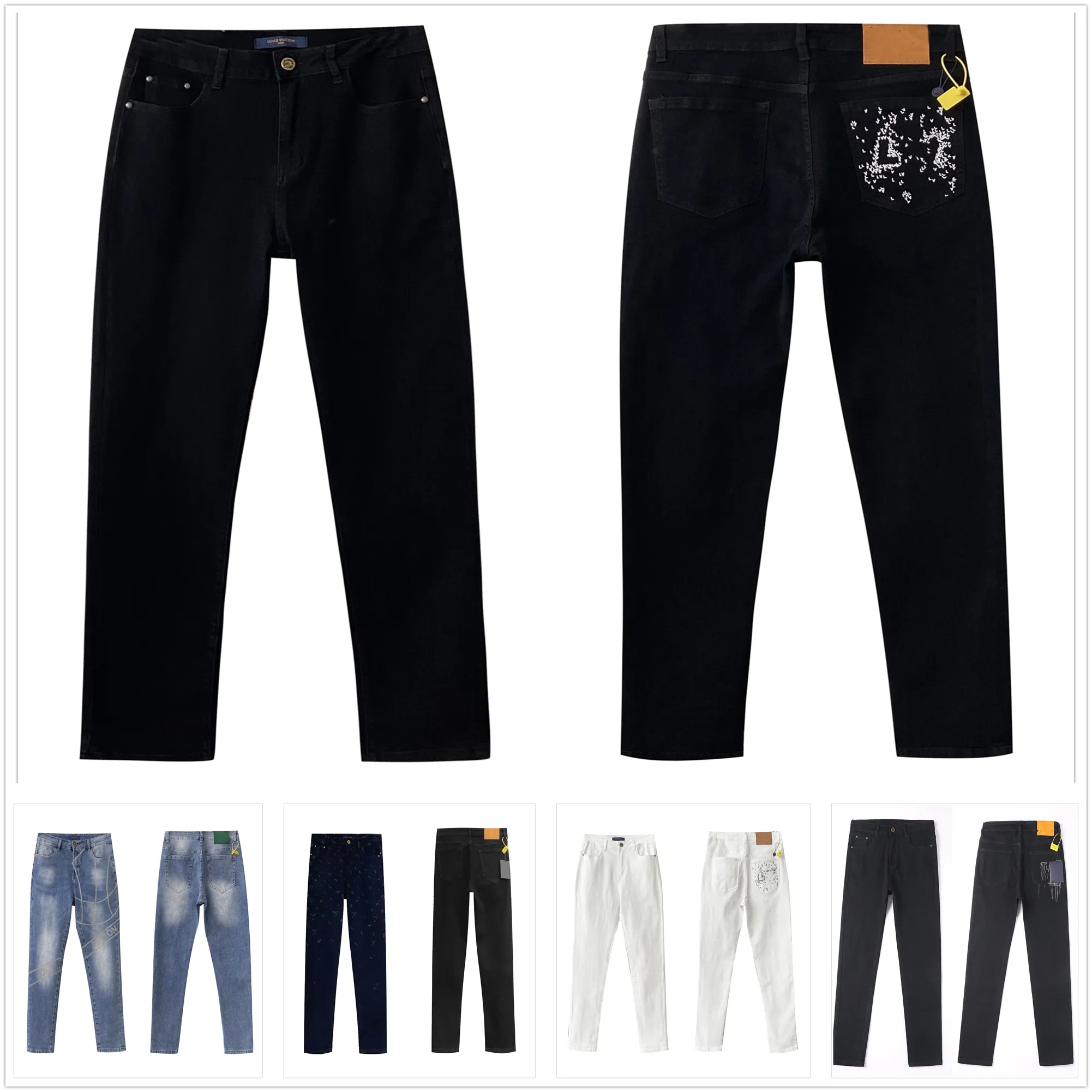 Diseñador para hombre Jeans apilados Hombres Impreso Jacquard Agujero recto Lavado Irregular Patchwork Parche Bordado Tela elástica High Street Lavado