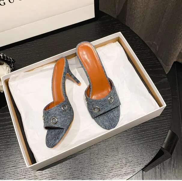 Fashion Denim Metal decoration Women Mules Sandals Pumps Party Sexy Pointed Toe Stiletto High Heels Summer Shoes 35-42