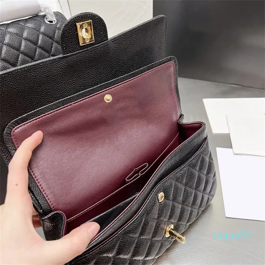 Womens Classic Double Flap Caviar Leather Black Bags Silver/Gold Metal Hardware Matelasse Chain Crossbody Shoulder Designer Handbag Totes 25cm