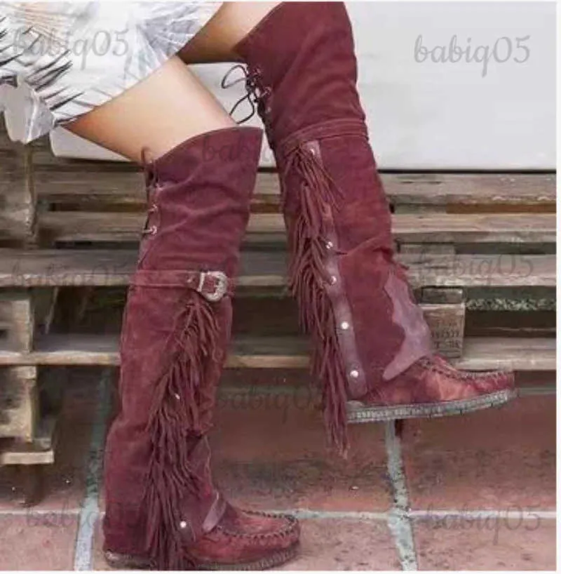 Mode Bohemen Knielange Vrouwen Etnische Persoonlijkheid Hoge Kwasten Faux Suede Laarzen Meisje Platte Bodem Lange Botas Mujer T231104