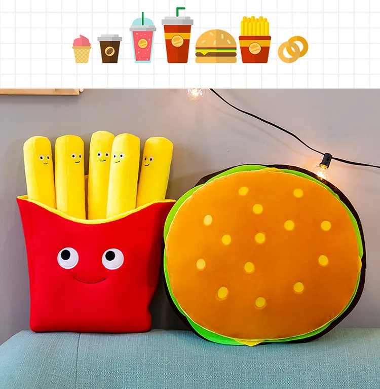 Populaire hamburger, frietjes, pizza, pluche speelgoed verjaardagscadeau, schattig meisje, cartoon, pluche voedselspeelgoed, foodie, snack, kussen, creatieve bedpop