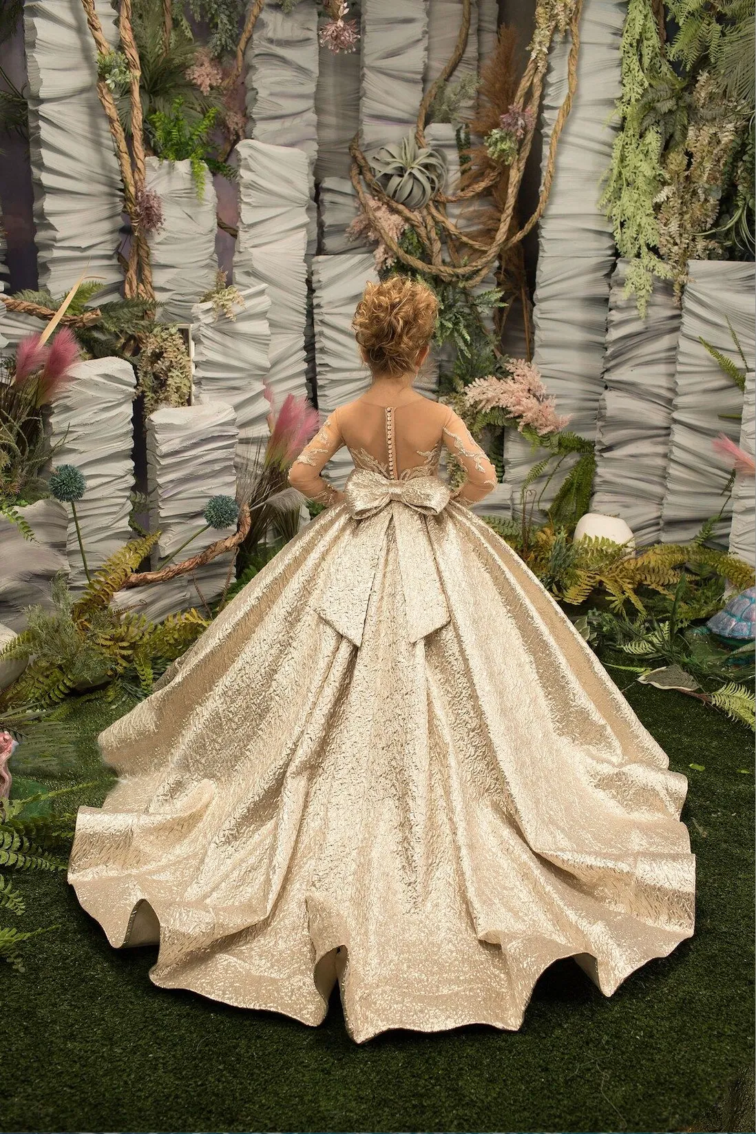 Gold Flower Girl Dress Princess Illusion Sleeve With Bow Buttons