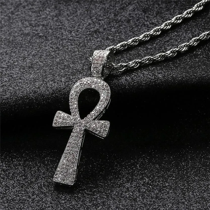 Collier pendentif clé Ankh égyptien glacé avec chaîne 2 couleurs mode hommes collier Hip Hop bijoux 2010132235