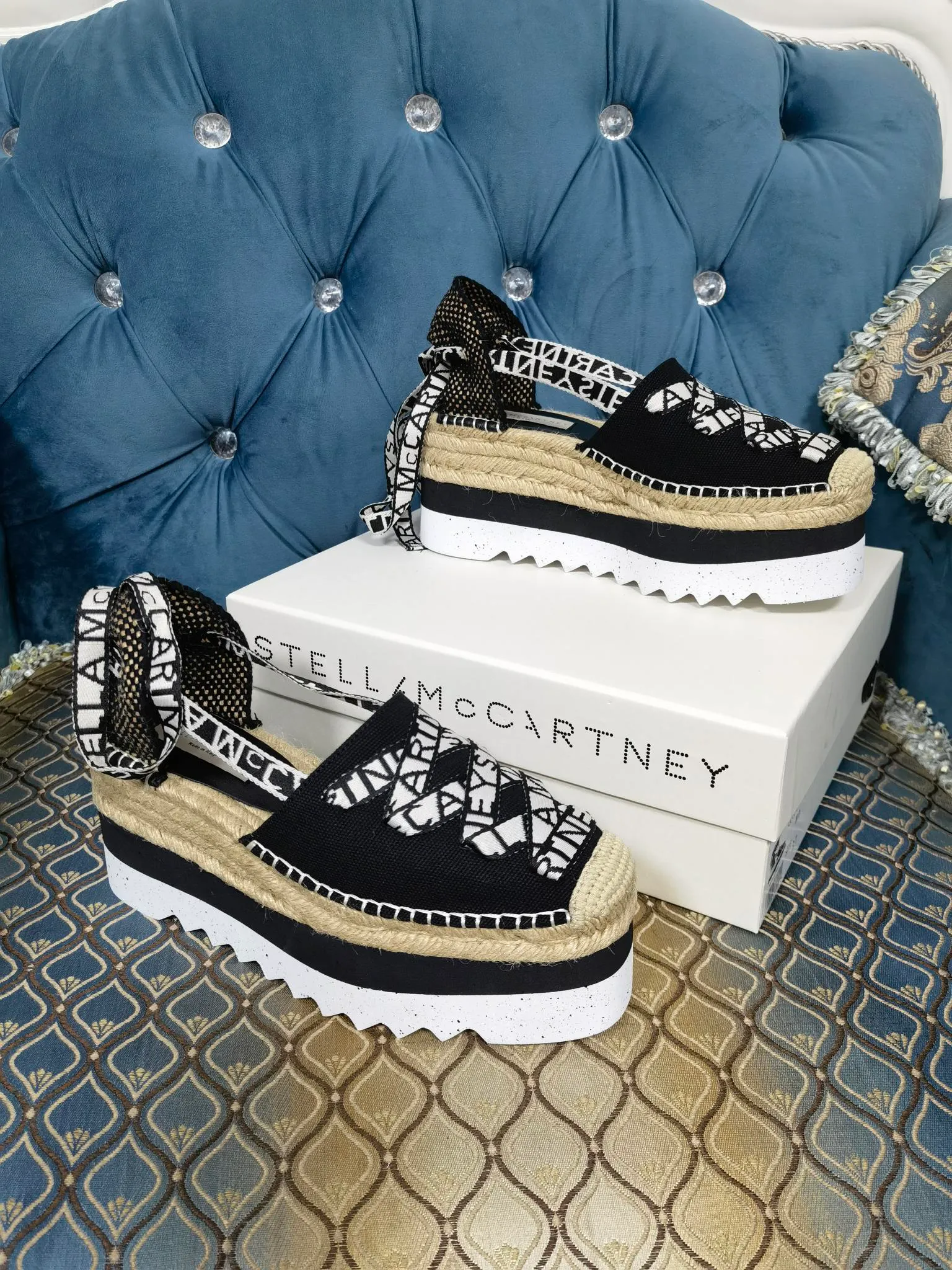 Kobiety sandały Stella McCartney buty gaia platforma espadrilles gumowa sadza Sole Stella McCartney Logo Wstążka S-Wave Oryginalne pudełko Perfect Show Style Style Rzadki