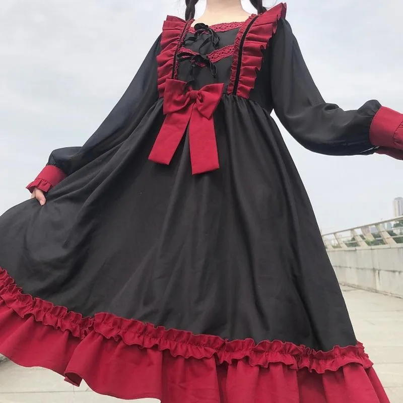 Casual klänningar japanska harajuku gotisk bandage bow splice klänning söt lolita flicka cosplay kawaii ruffles kvinnor fest klänning.